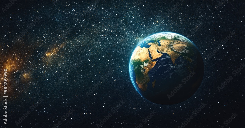 Earth floating in space, surrounded by stars. Earth floating in space, surrounded by stars.