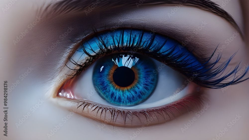 A captivating close-up of a mesmerizing blue eye with long, dark lashes and vibrant makeup. A captivating close-up of a mesmerizing blue eye with long, dark lashes and vibrant makeup.