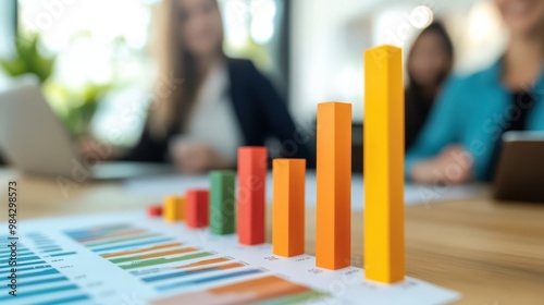 A bar graph showing the growth, development in order from 0-100 of the business. The focus is on clear objects, the color tone is bright, people are happy to see the graph.