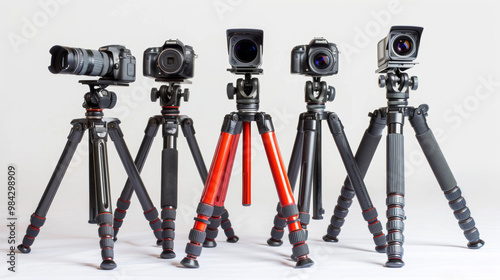 Tripods for stabilizing video cameras during recordings isolated on white background photo