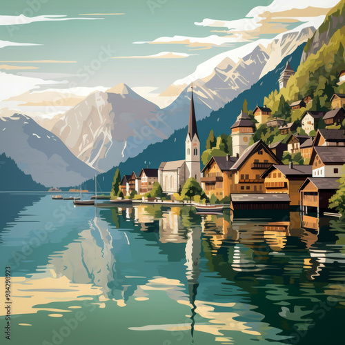 Illustration of a peaceful alpine village nestled by a calm lake, surrounded by towering mountains and lush greenery, reflecting serenity and natural beauty