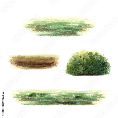 Obraz na plátně Set of watercolor spots, ground, grass, bush elements