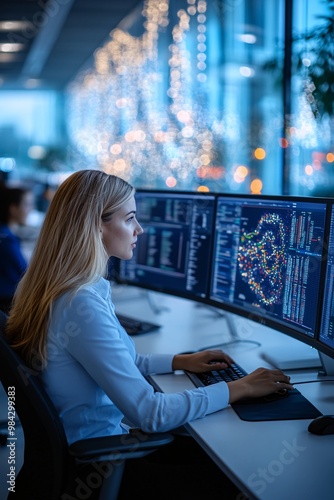 Woman Analyzing Data on Multiple Computer Screens in Modern Office Setting