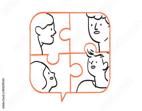 Vector illustration people in jigsaw puzzle work together on project. Company employees coordination, personnel productivity, effective team building and management, teamwork, leadership concept.