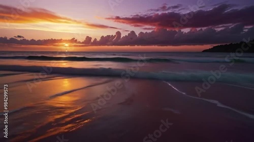 Sunset reflection on the beach with colorful sky 