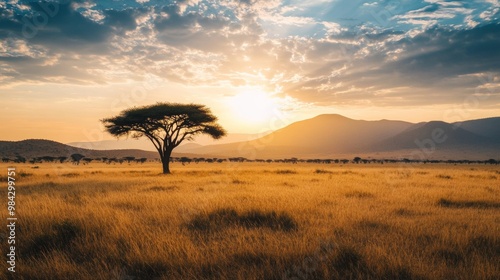 A lone tree stands in the savanna under a warm sunrise, with distant mountains on the horizon.
