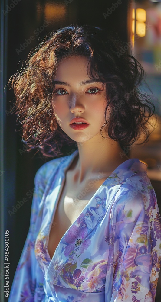 beautiful Japanese woman in light blue and purple floral patterned kimono,... beautiful Japanese woman in light blue and purple floral patterned kimono,...