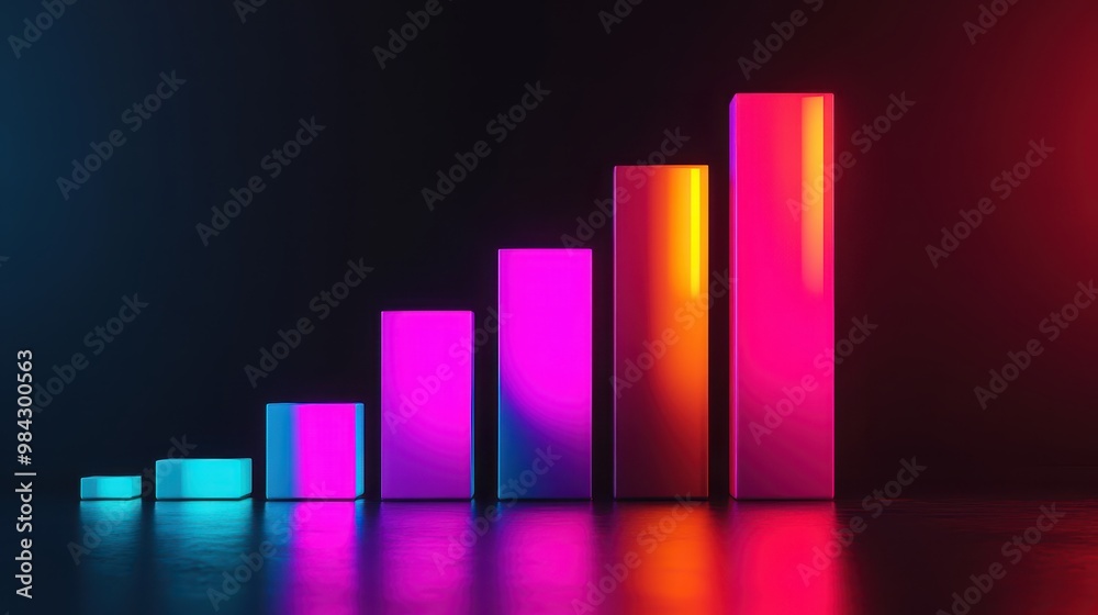 A bar graph with glowing neon colors, each bar higher than the previous, showing the growth of a business over time. A bar graph with glowing neon colors, each bar higher than the previous, showing the growth of a business over time.