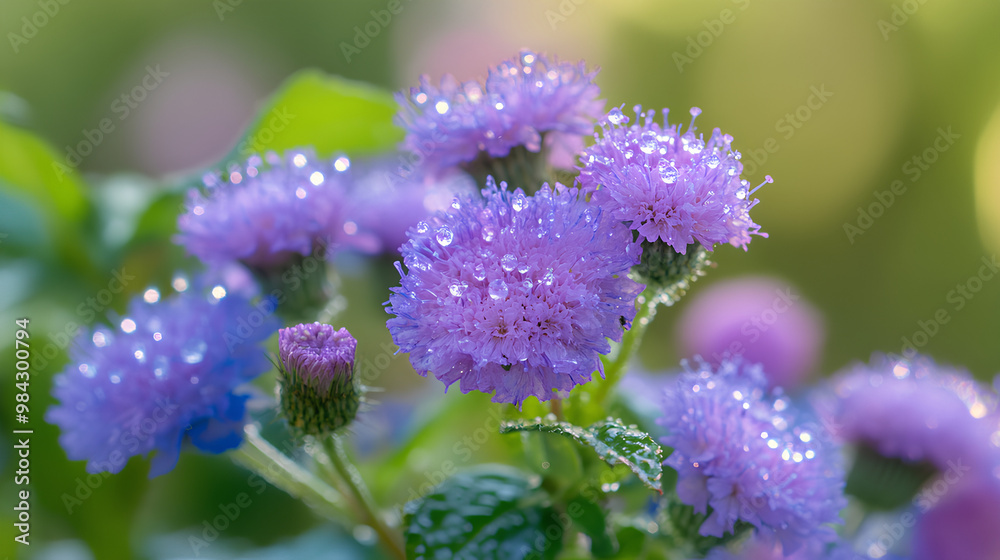 Obraz premium Close-up of vibrant purple flowers with dew droplets, showcasing nature's beauty.