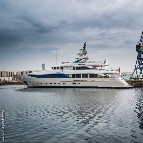 Luxury yacht with blue trim moored in harbor. Multiple levels. Reflective waters. Buildings and crane in background. Symbol of money and success.