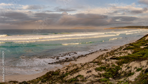 Panoramic view of the Southern Ocean at sunrise from Fourth Beach  Esperance Western Australia.