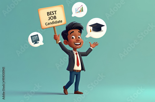 funny illustration of black man with multiple job skills represented by icons and Best Job Candidate sign