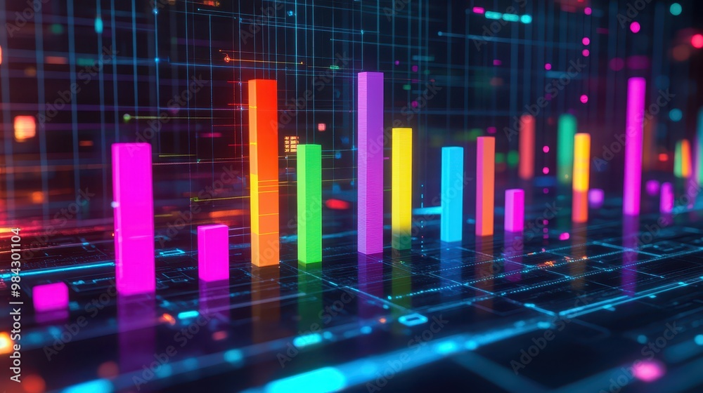 A bar graph with neon-colored bars, each bar representing a phase in business growth, set against a high-tech interface.