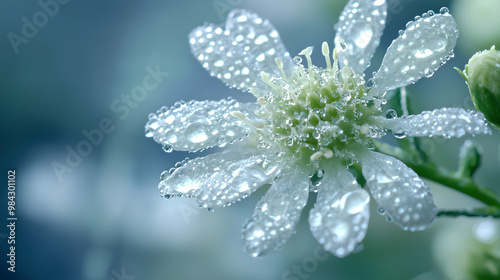A close-up of a delicate flower adorned with water droplets, showcasing nature's beauty.