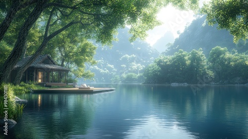 Serene lakeside view with a cozy cabin and lush greenery.