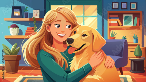 beautiful woman hugging her adorable golden retriever dog at home. love for animals concept. lifestyle indoors