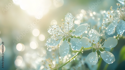 A close-up of delicate white flowers adorned with water droplets, shimmering in soft light.