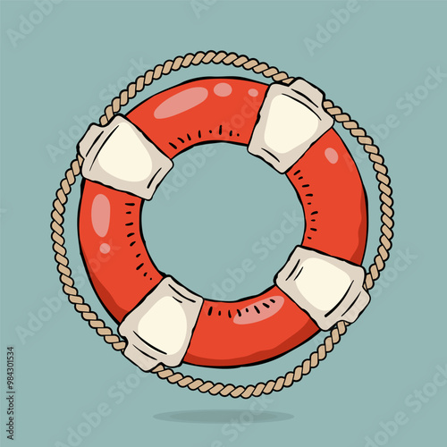 Orange lifebuoy with white stripes and a rope, vector illustration