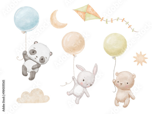 Cute baby panda, bear and baby bunny are flying with balloons. Watercolor animals in sky. Hand drawn illustrations set