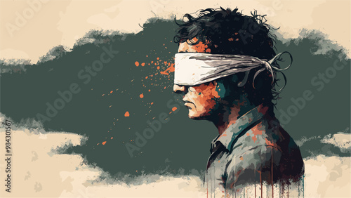 Man with blindfold illustration banner representing mental health issues