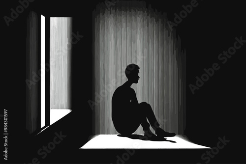 Depression and mental health problems. Man sitting on the floor in the dark