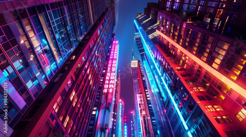 Neon city skyscrapers at night. Colorful urban landscape with illuminated buildings. Modern architecture in vibrant colors.