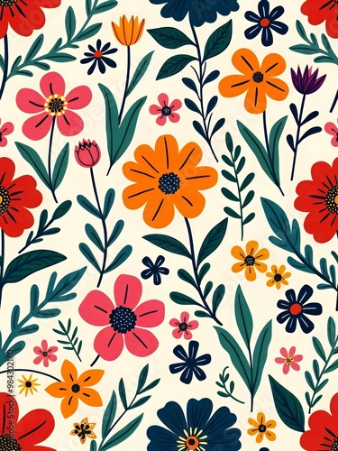 Colorful and Playful Floral Design with Red, Orange, Purple Flowers