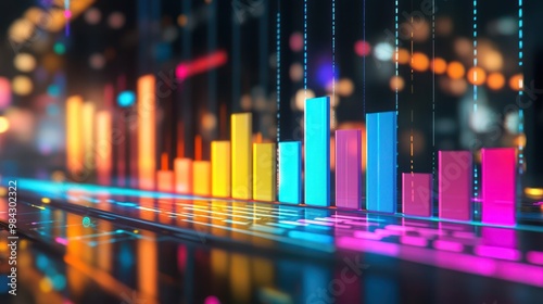 A colorful bar graph with ascending bars, each indicating a phase of business development, on a futuristic display.