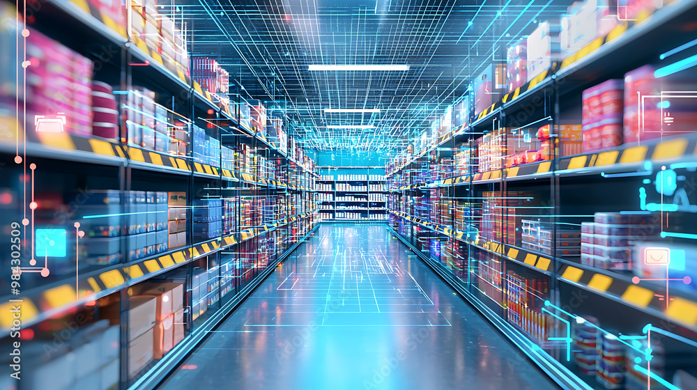 A modern warehouse with smart shelves and IoT enabled inventory management, showcasing vibrant array of products. digital overlay emphasizes advanced technology in retail. A modern warehouse with smart shelves and IoT enabled inventory management, showcasing vibrant array of products. digital overlay emphasizes advanced technology in retail.