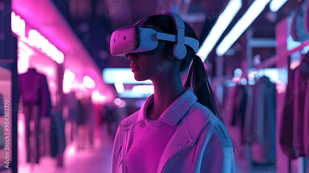 Immersive virtual reality experience in retail setting, showcasing woman wearing VR headset. vibrant neon lights create futuristic atmosphere, enhancing shopping experience. Immersive virtual reality experience in retail setting, showcasing woman wearing VR headset. vibrant neon lights create futuristic atmosphere, enhancing shopping experience.