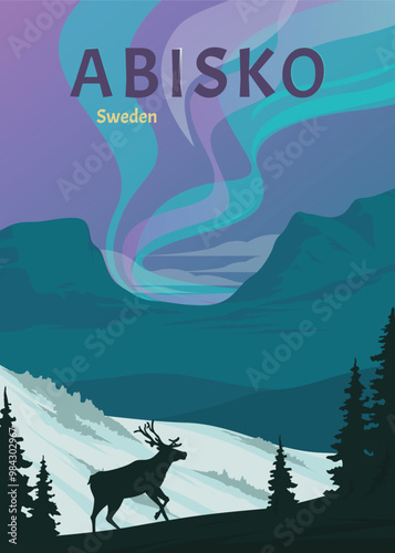 abisko national park in sweden vintage poster background design, northern light in sweden poster