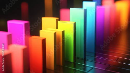 A digital bar graph in bright, vibrant colors, each bar representing a phase in business growth, set against a dark screen.