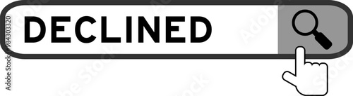 Search banner in word declined with hand over magnifier icon on white background