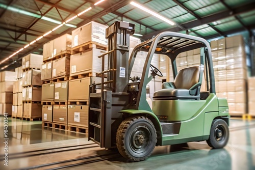 forklift in warehouse in the front of boxes