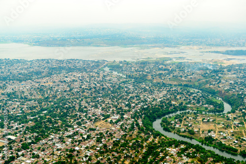 Aerial vide of Brazzaville with the Congo River and Kinshasa, (Capital of Democratic Republic of the Congo) in the background. Republic of the Congo