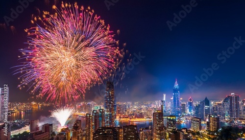 illustration of fireworks explosion on new year's eve, fireworks explosion on top of city building