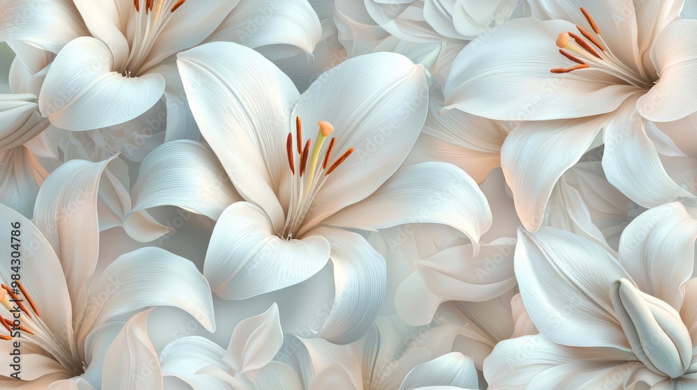 A calming floral pattern of overlapping white lilies, with soft light enhancing their elegance. A calming floral pattern of overlapping white lilies, with soft light enhancing their elegance.