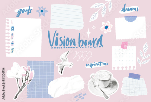 Vision board collage template, dreams and goals inspirational notes, taped to wall with decorative skotch. Halftone cutout magazine photos of coffee, dird and magnolia flower