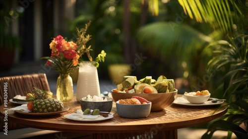 A cozy outdoor setting with a table laid out with coconut-themed dishes, including coconut curry, coconut cakes, and coconut water, surrounded by tropical plants and dim, ambient lighting