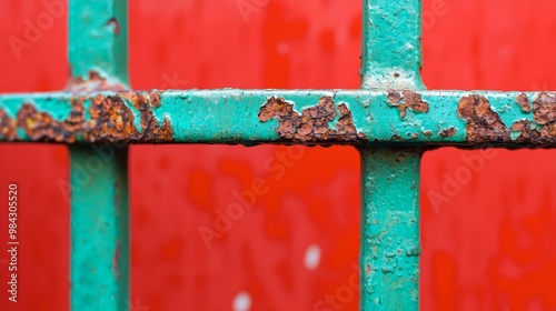 A close-up of a green metal fence with rust stains on a red-painted wall, emphasizing the passage of time.