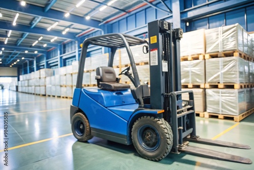 Blue forklift in warehouse with boxes in back, forklift in factory wearhouse 