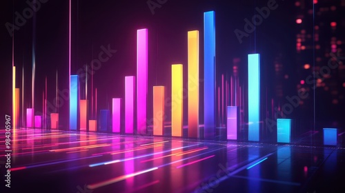 A futuristic bar graph with a neon gradient, indicating the progression of business development, set on a sleek display.