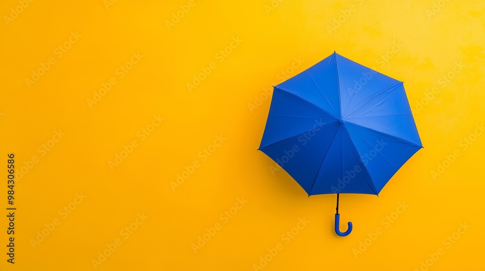 Obraz premium A concept of summer and rain protection with a blue umbrella held high, popping against a vivid yellow background.