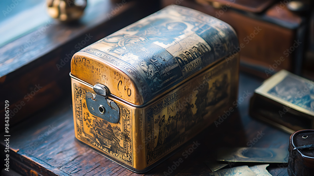 Close-up of an antique metal box with intricate engravings and a latch. The box is sitting on a wooden surface.