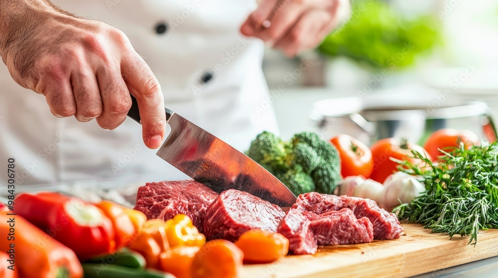 A cooking demonstration focused on slicing beef, with an assortment of vegetables nearby, illustrating the process of preparing a nutritious meal. A cooking demonstration focused on slicing beef, with an assortment of vegetables nearby, illustrating the process of preparing a nutritious meal.