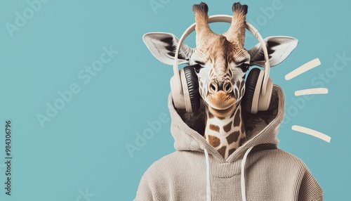 A cool giraffe rocking headphones and a hoodie, blending animal kingdom with urban fashion. photo