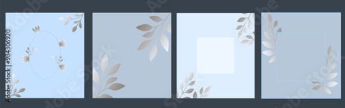 Minimalistic design with silver leaves on a blue backgrounds. For invitations or greeting cards, wall art, home decor, flyers, fashion design.