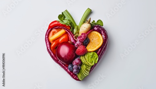 A creative fusion of vegetables and fruits forming a human heart, highlighting the role of natural foods in promoting good health.