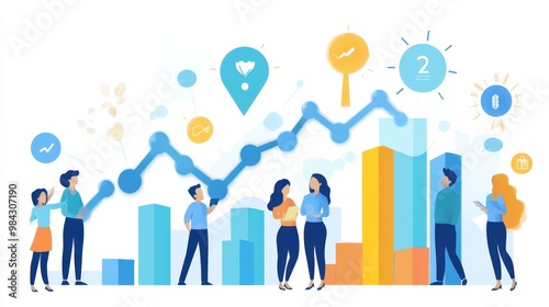 A graph showing the growth, the progressive development of a business. The focus is on clear objects, the colors are bright, and people are happy to see the graph.