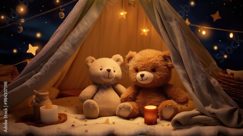 A plush bunny and bear sharing a storybook under a starlit night sky, nestled in a tent made of blankets with a gentle, glowing lantern lighting their faces. photo